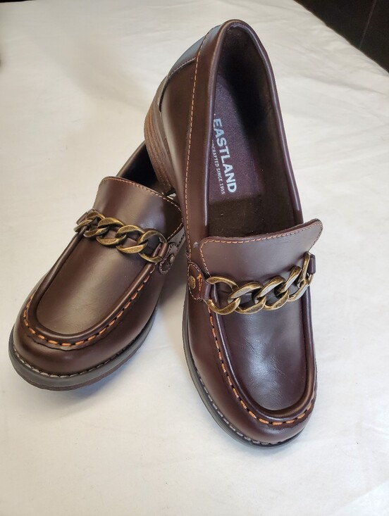 Eastland Shoes - Eastland Nora Women's 6.5 Brown Leather Chain Loafer Chunky Block Heel